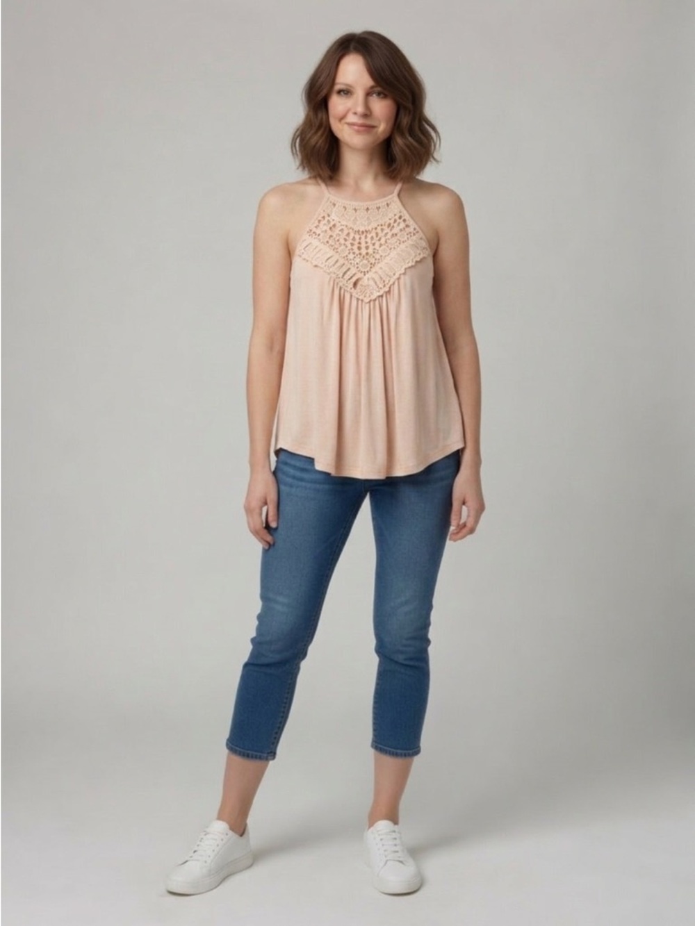 Sleeveless Crochet Yoke Camisole Tank - Cream